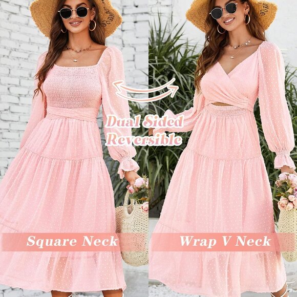 Women's 2023 Boho Long Puff Sleeve Wrap V Midi Dress Swiss Dot Reversible Tie Ba - Picture 2 of 5